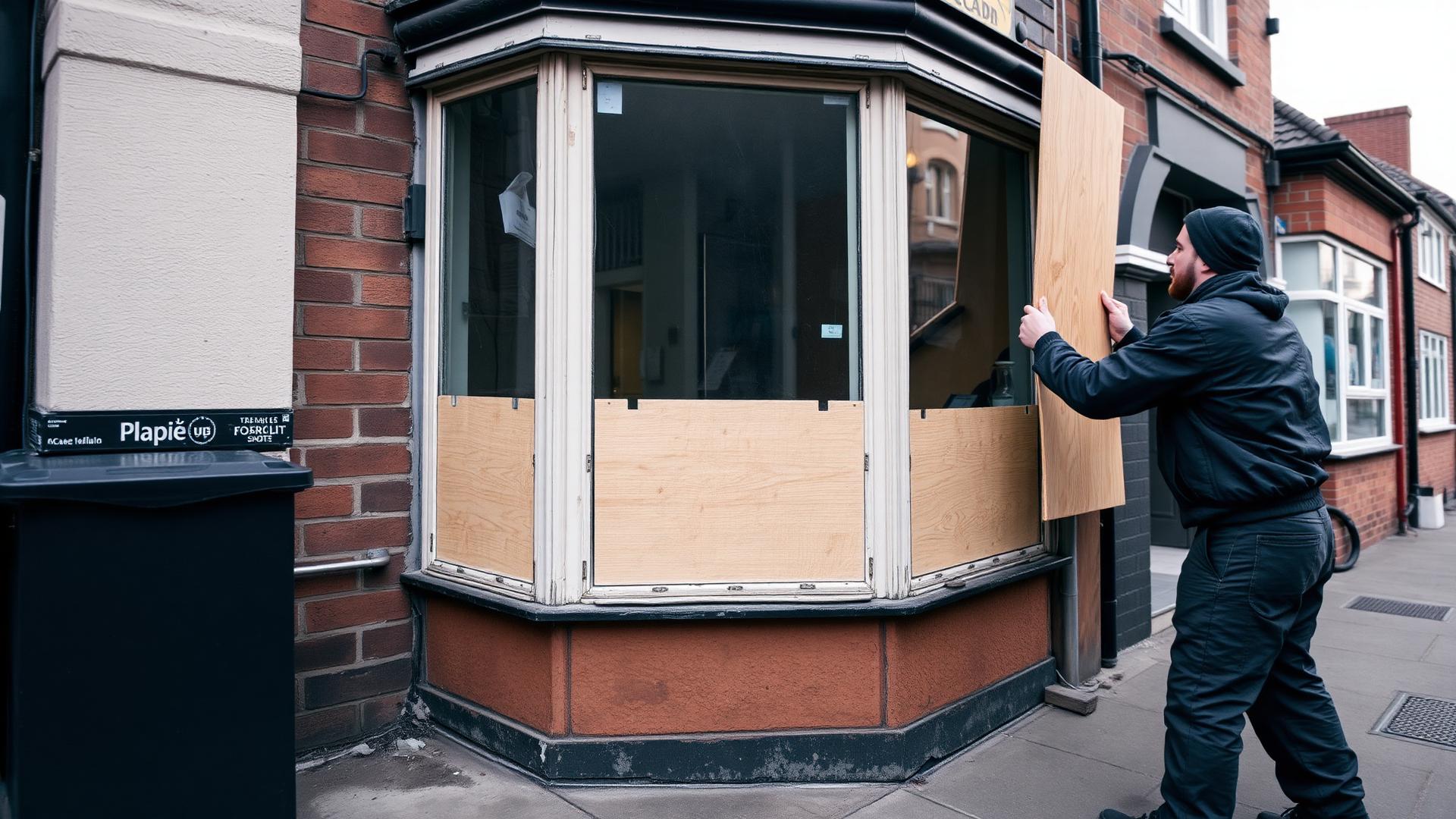 Tradesman boarding up a shopfront window